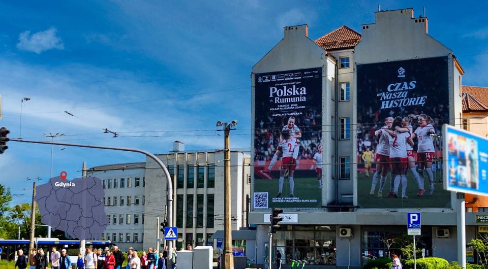 Reklama zewnętrzna kampanii Euro Kobiet 2025 w Gdyni – Grupa RW i reprezentacja kobiet